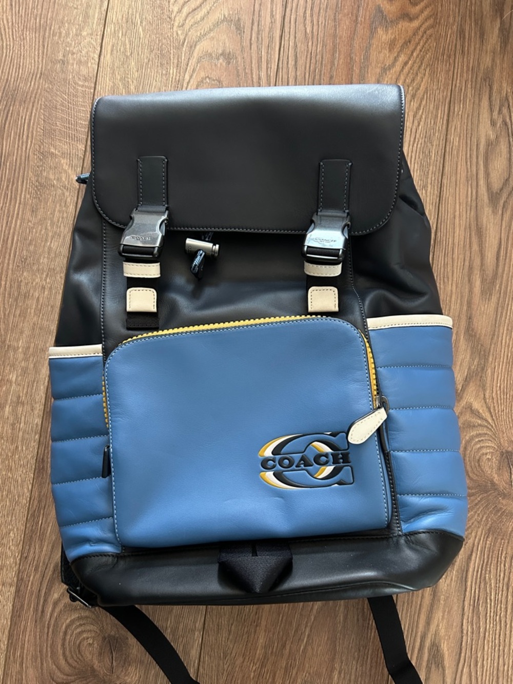 Coach Two-Tone Men's Backpack in Black, Light Blue and Yellow Accent